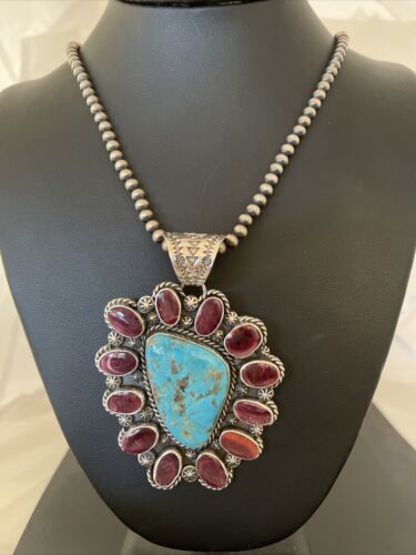 Navajo Purple Spiny Oyster & Turquoise Pendant Necklace | Sterling Silver | Authentic Native American Handmade | 1117