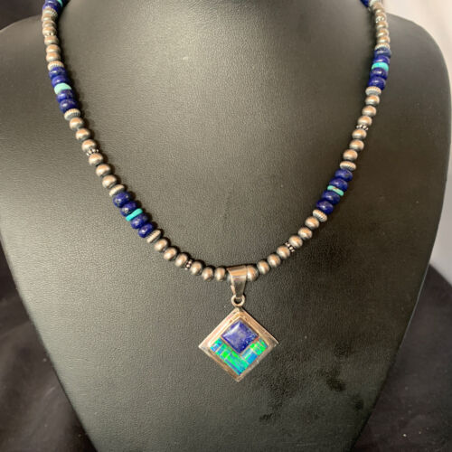 Men's Navajo Blue Lapis Turquoise Opal Inlay Pendant Necklace | Sterling Silver | 21" | 12607