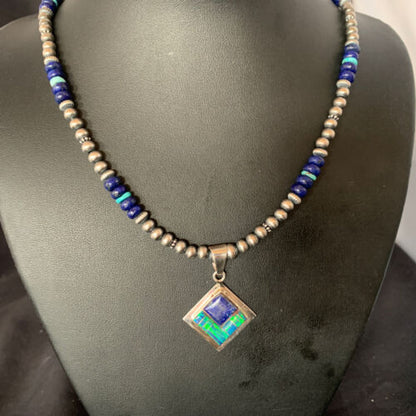 Men's Navajo Blue Lapis Turquoise Opal Inlay Pendant Necklace | Sterling Silver | 21" | 12607