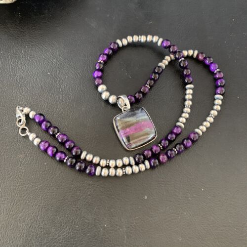 Navajo Pearls Purple Sugilite Onyx Necklace Pendant | Sterling Silver | Authentic Native American Handmade | 13396