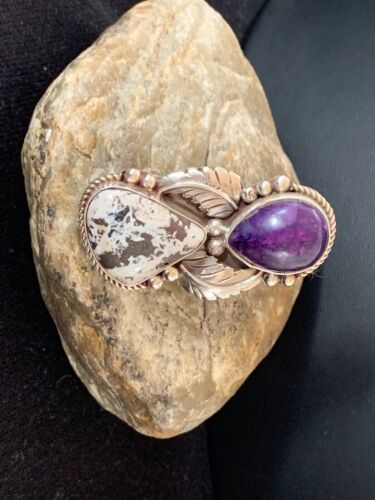 Navajo White Buffalo Turquoise & Sugilite Ring | Authentic Native American Sterling Silver | Multi-Stone | Sz 9.5 | 310