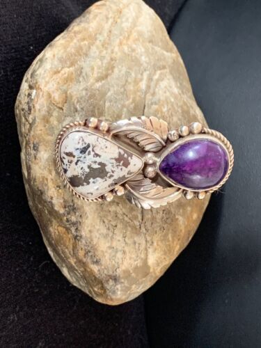 Navajo White Buffalo Turquoise & Sugilite Ring | Authentic Native American Sterling Silver | Multi-Stone | Sz 9.5 | 00310