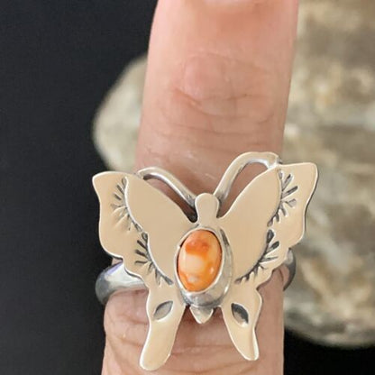 Navajo Orange Spiny Oyster Butterfly Ring | Sterling Silver | Sz Adj 8 | Authentic Native American Handmade | 10343