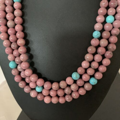 Navajo Turquoise Rhodochrosite Necklace | Sterling Silver | 3 Strand | Authentic Native American Handmade | 01993