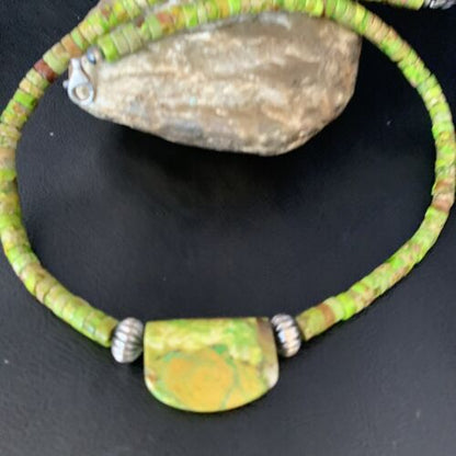 Navajo Green Gaspeite Turquoise Pendant | Sterling Silver | Authentic Native American Handmade | 13942