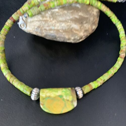 Navajo Green Gaspeite Turquoise Pendant | Sterling Silver | Authentic Native American Handmade | 13942