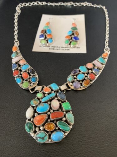 Navajo Multi-Color Turquoise Spiny Necklace & Earring Set | Sterling Silver | 2105