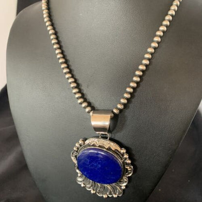 Native American Blue Lapis Pendant Necklace | Navajo Sterling Silver | Authentic Handmade | 14114