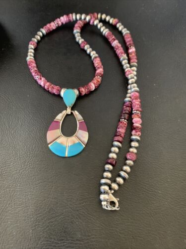 Navajo Sterling Silver Necklace | Turquoise & Purple Spiny Oyster Inlay Pendant Set | 18" | 12331