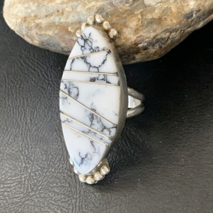 Navajo White Buffalo Turquoise Inlay Ring | Sterling Silver | Sz 7 | Authentic Native American Handmade | 12175 - Masha USA