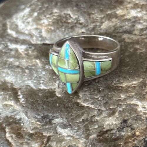 Navajo Blue Green Turquoise Inlay Ring | Sz 7 | Authentic Native American Handmade | 14562