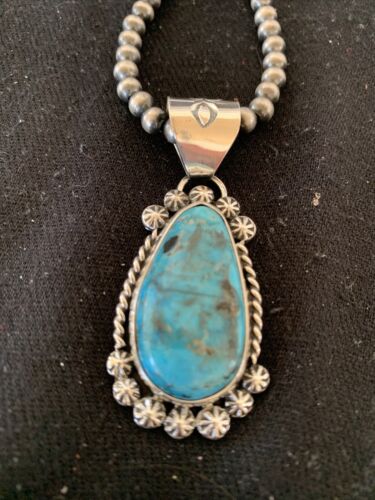 Men's Navajo Pearls Necklace with Blue Kingman Turquoise Pendant | Sterling Silver | Native American Handmade | 12962 - Masha USA