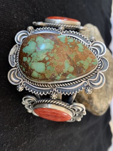 Navajo Royston Turquoise Spiny Oyster Cuff Bracelet | Sterling Silver | Authentic Native American Handmade | 1162