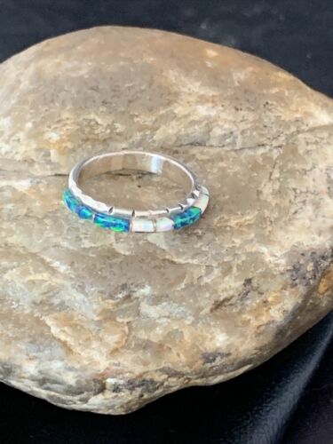 Navajo White Blue Opal Inlay Ring | Sterling Silver | Sz 8.5 | Authentic Native American Handmade | Yazzie | 10620