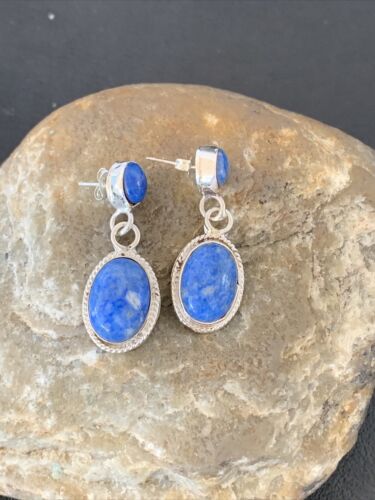 Navajo Denim Lapis Dangle Earrings | Sterling Silver | 1.1" | Authentic Native American Handmade | 1703