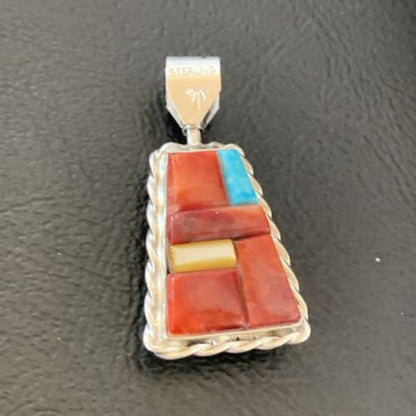Zuni Yellow Mother of Pearl Turquoise Spiny Inlay Sun Face Pendant | Sterling Silver | 1686