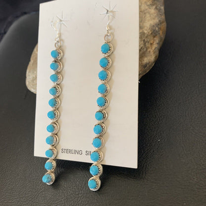 Navajo Green Turquoise Dangle Earrings | Sterling Silver | 3" Long | Authentic Native American Handmade | 12119