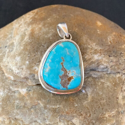 Navajo Blue Bisbee Turquoise Pendant | Sterling Silver | 1" | Authentic Native American Handmade | 1626
