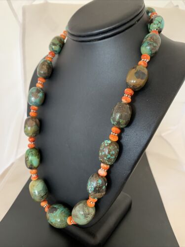 Navajo Green Turquoise & Orange Spiny Oyster Necklace | Sterling Silver | 23" | Authentic Native American Handmade | 1847