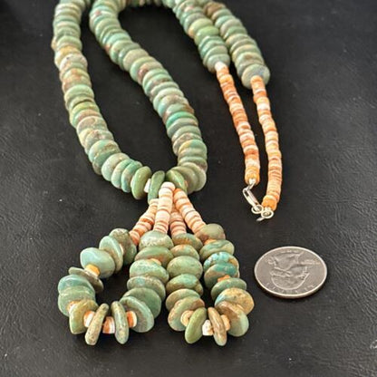 Santo Domingo Green Turquoise & Spiny Oyster Jacla Necklace | Sterling Silver | 26" | 14731