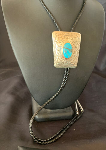 Men's Bolo Tie | Navajo Blue Kingman Turquoise | Sterling Silver | Authentic Native American Handmade | 12144