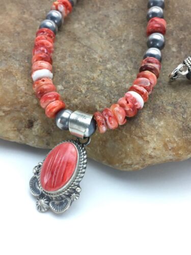 Navajo Red Spiny Oyster Pendant Necklace | Sterling Silver | Authentic Native American Handmade | 2690