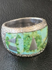 Navajo Green Sonoran Turquoise Inlay Ring | Sterling Silver | Sz 10 | Authentic Native American Handmade | 2080
