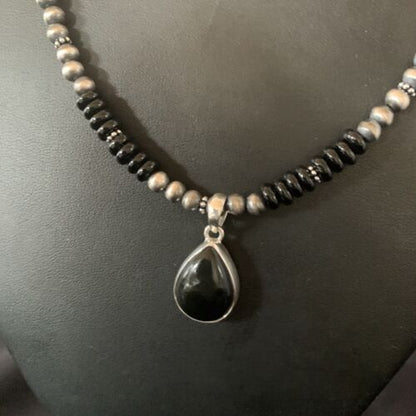 Native American Men's Navajo Pearl Necklace Pendant | Sterling Silver Black Onyx | 11907