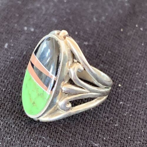 Native American Gaspeite, Onyx & Opal Inlay Ring | Sterling Silver | Sz 7 | 01488