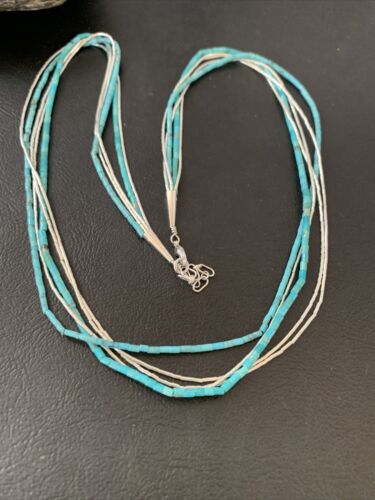 Navajo Turquoise Tube Beads | Liquid Silver Heishi | 5-Strand Sterling Silver Necklace 21" | 2178