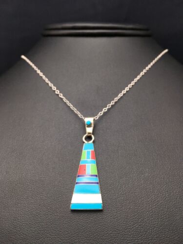 Navajo Turquoise & Coral Inlay Pendant | Sterling Silver Chain | Authentic Native American Handmade | 4437