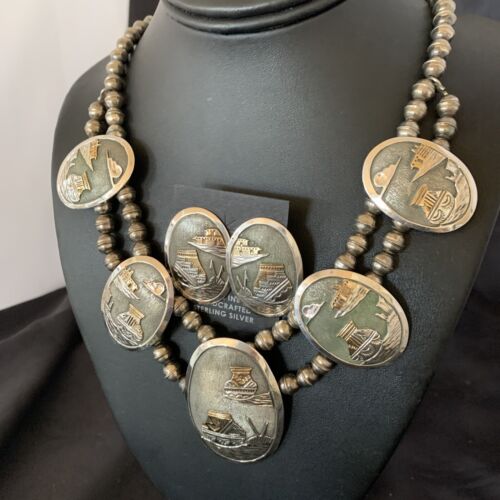 Navajo Gold Filled Sterling Silver Concho Pottery Pendant Necklace Earrings Set | Native American Handmade | 12367