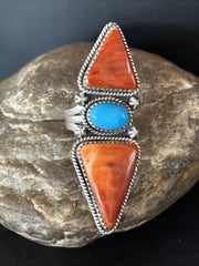 Navajo Orange Spiny Oyster Multi-Stone Ring | Authentic Native American Sterling Silver | Multi-Stone | Sz 6.5 | 14505