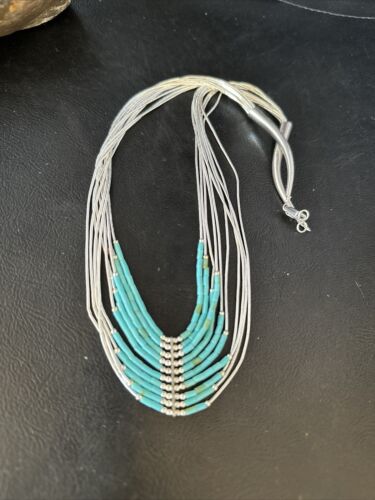 Southwestern Liquid Silver Heishi Necklace | 10 Strand | Turquoise | Sterling Silver | 14819