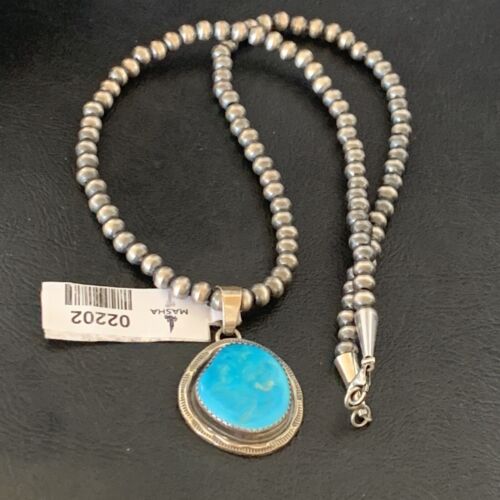 Men's Navajo Pearls Necklace with Blue Kingman Turquoise Pendant | Sterling Silver | Native American Handmade | 2202