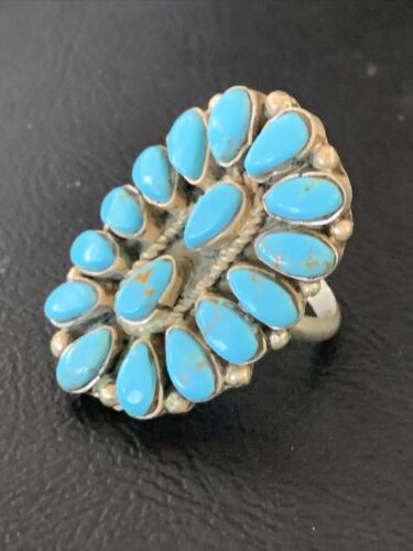 Navajo Blue Cluster Turquoise Needlepoint Ring | Authentic Native American Sterling Silver | Multi-Stone | Sz 8 | 11942