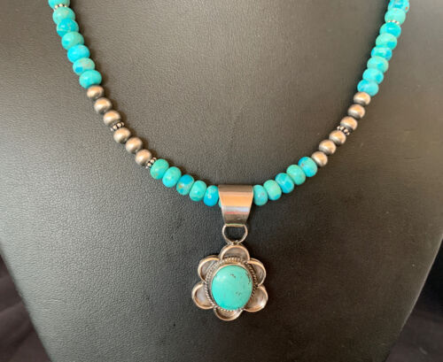 Navajo Blue Turquoise Pendant Necklace | Sterling Silver Pearls | Authentic Native American Handmade | 13220