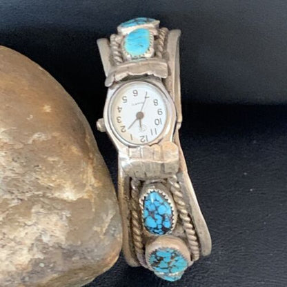 Navajo Sterling Silver Watch Cuff Bracelet | Blue Turquoise | Authentic Native American Jewelry | 13239