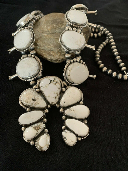 Navajo White Buffalo Turquoise Naja Pendant | Sterling Silver Squash Blossom Necklace | 21" | 00629 - Masha USA
