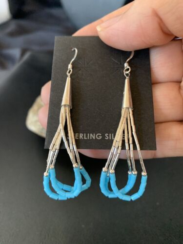 Handmade Liquid Silver Heishi Dangle Earrings | Blue Turquoise | Sterling Silver | 2" | 13049