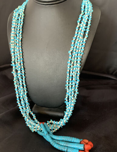 Native American Santo Domingo Blue Turquoise Coral Jacla Necklace | 5 Strand Nugget Bead | 34" | 13182