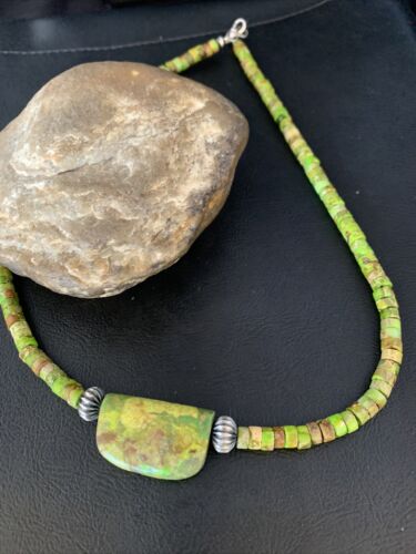 Navajo Green Gaspeite Turquoise Pendant | Sterling Silver | Authentic Native American Handmade | 13916