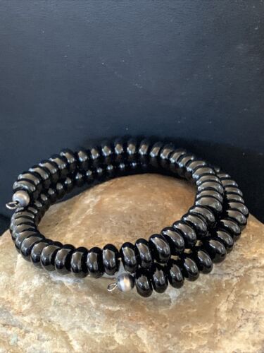 Memory Wire Stainless Steel Black Onyx Bead Bracelet | Sterling Silver | Native American Handmade | 01958