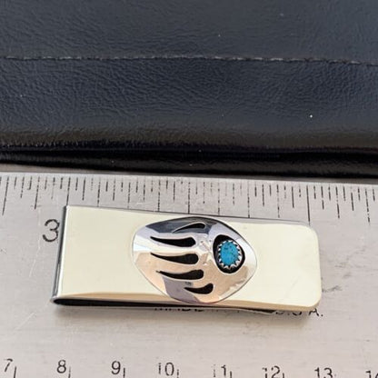 Navajo Handmade Turquoise Bear Paw Money Clip | Sterling Silver | Authentic Native American | 1568