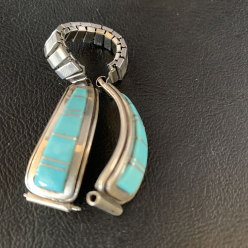 Navajo Sterling Silver Watch Tips with Blue Turquoise Inlay Band | Authentic Native American Jewelry | 13728