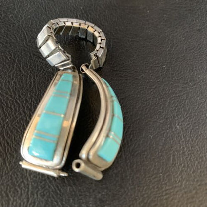 Navajo Sterling Silver Watch Tips with Blue Turquoise Inlay Band | Authentic Native American Jewelry | 13728