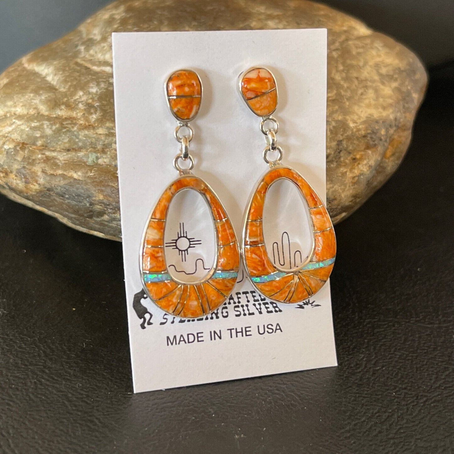 Navajo Sterling Silver Opal Orange Spiny Oyster Inlay Dangle Earrings | Authentic Native American Handmade | 1545 - Masha USA
