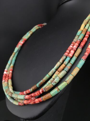 Royston Turquoise & Spiny Oyster Necklace | 4 Strand Navajo Sterling Silver | Authentic Native American Handmade | 4899