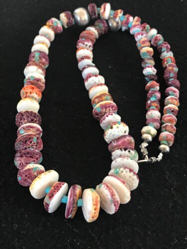 Navajo Purple Spiny Oyster & Turquoise Bead Necklace | Sterling Silver | Authentic Native American | Graduated | 23" | 8439