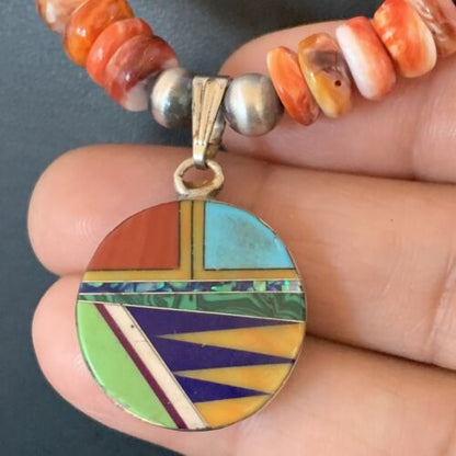 Navajo Multi-Color Spiny Turquoise Inlay Pendant Necklace | Sterling Silver | Authentic Native American Handmade | 12720